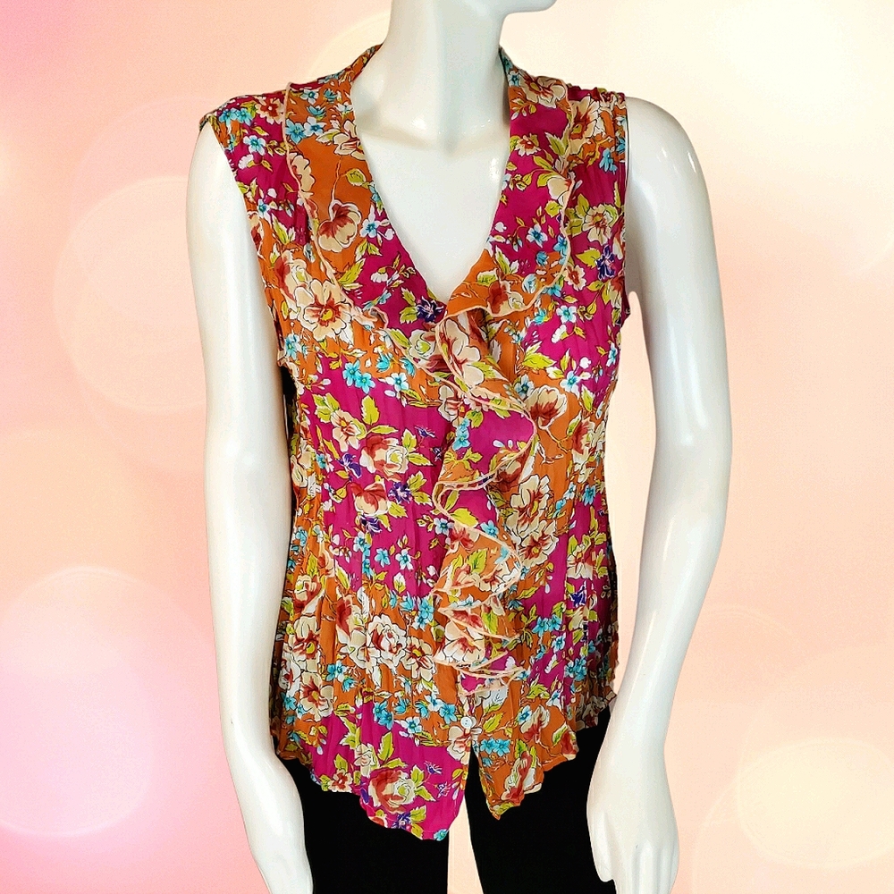 Le Caviar Ruffled Floral Blouse No Sleeves